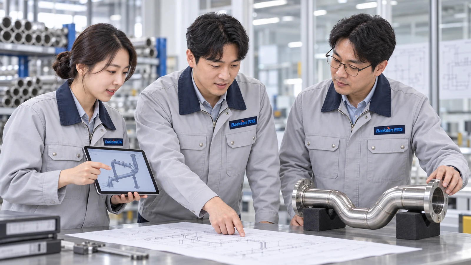 Colleagues reviewing piping and drawings together
