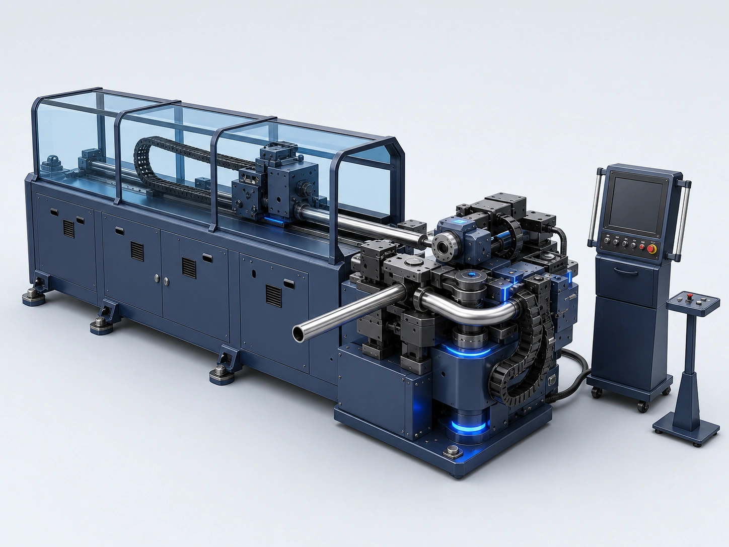 Educational 3D illustration of an automatic bending machine feeding, rotating, and bending straight tube