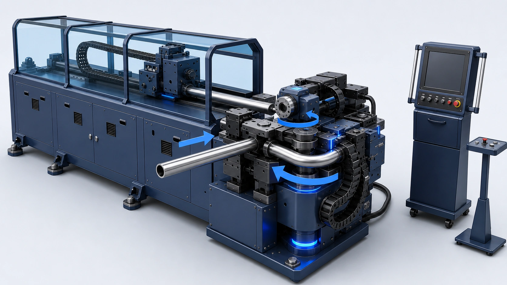 Educational 3D illustration of an automatic bending machine forming a tube