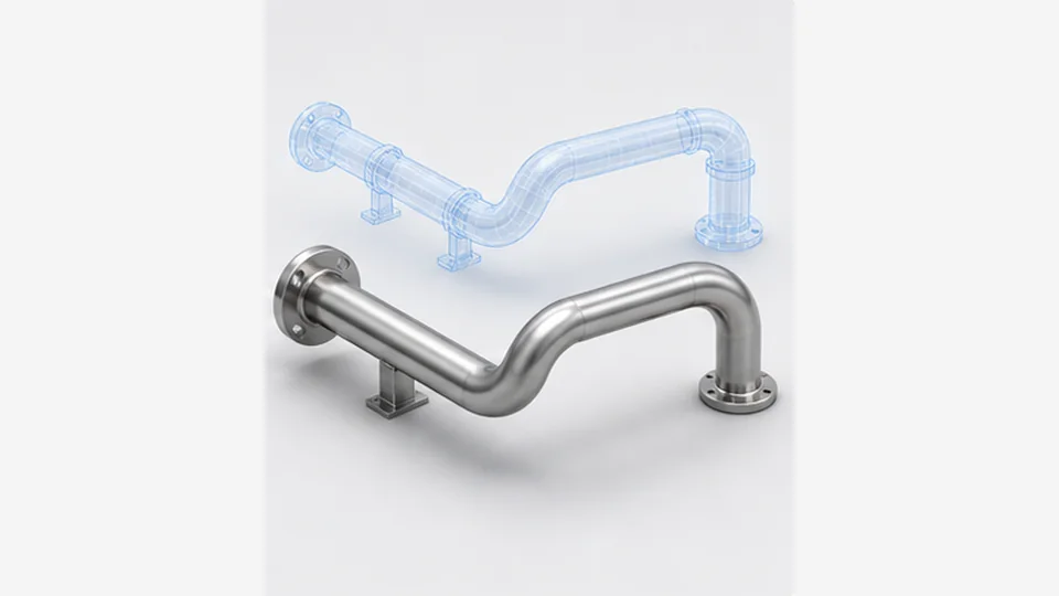 Educational 3D illustration comparing the finished bent pipe with the designed shape