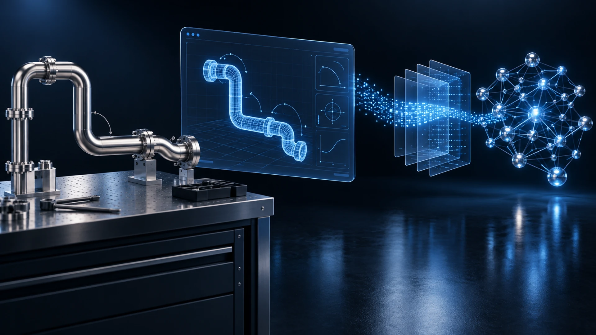굽은 배관 선이 점으로 흩어지고 다시 노드 그래프로 모이는 WORK → DATA → AI 흐름을 나타낸 3D 일러스트
