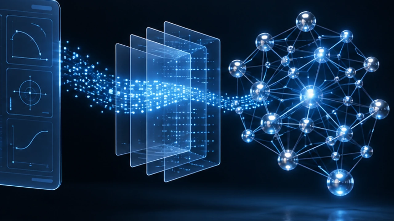 A 3D illustration of stacked data layers connecting into a node graph