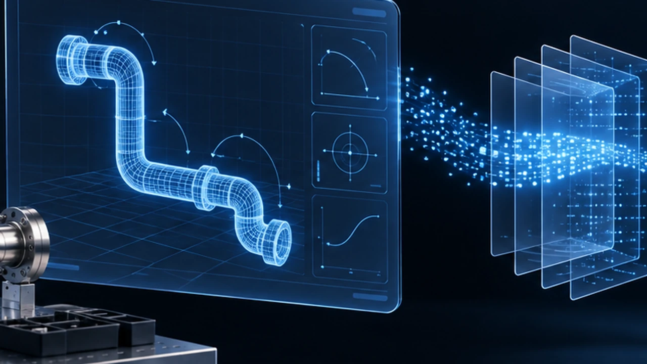 A 3D illustration of a blue wireframe pipe drawing on a translucent screen with data points streaming into transparent layers beside it