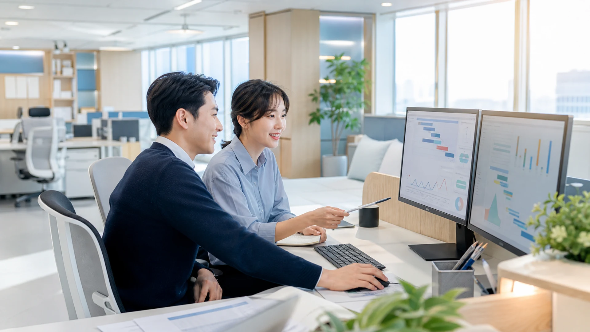 밝은 본사 사무실에서 여러 프로젝트 현황을 함께 검토하는 가상의 업무 장면