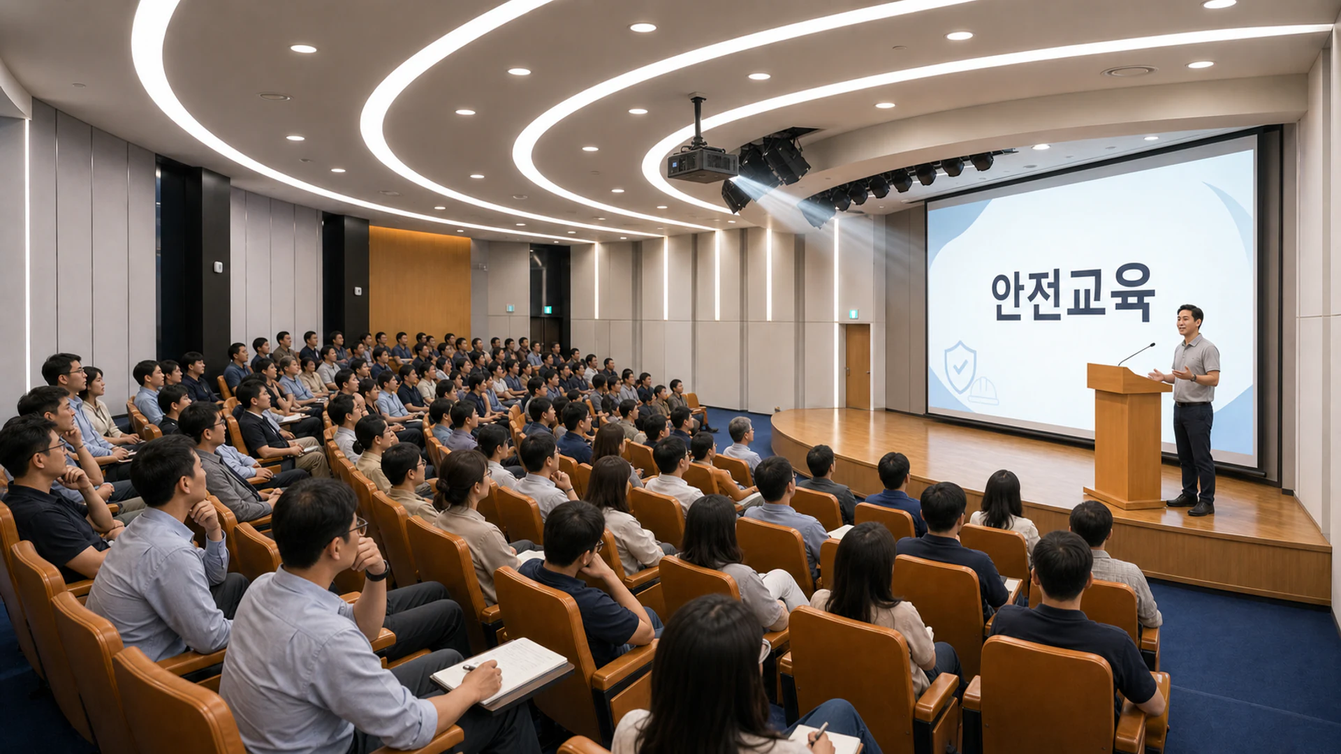 A large workforce attending regular safety and health training in an auditorium