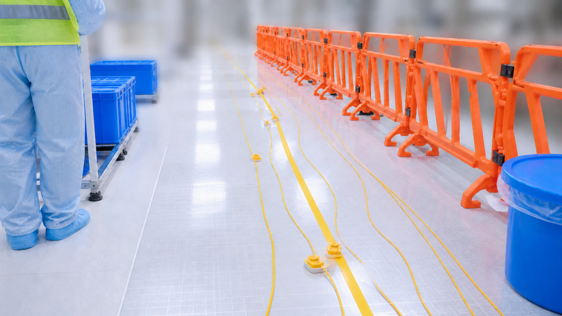 Temporary cables and connected barriers being inspected along a cleanroom access path
