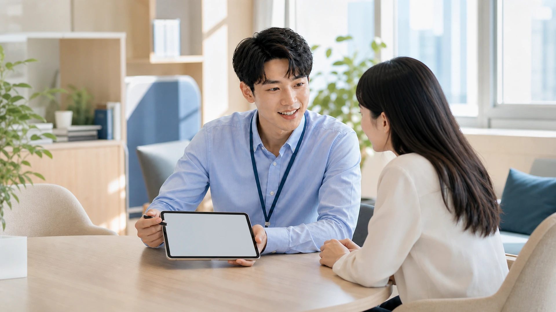 Staged scene of an HR specialist explaining an HR process to an employee
