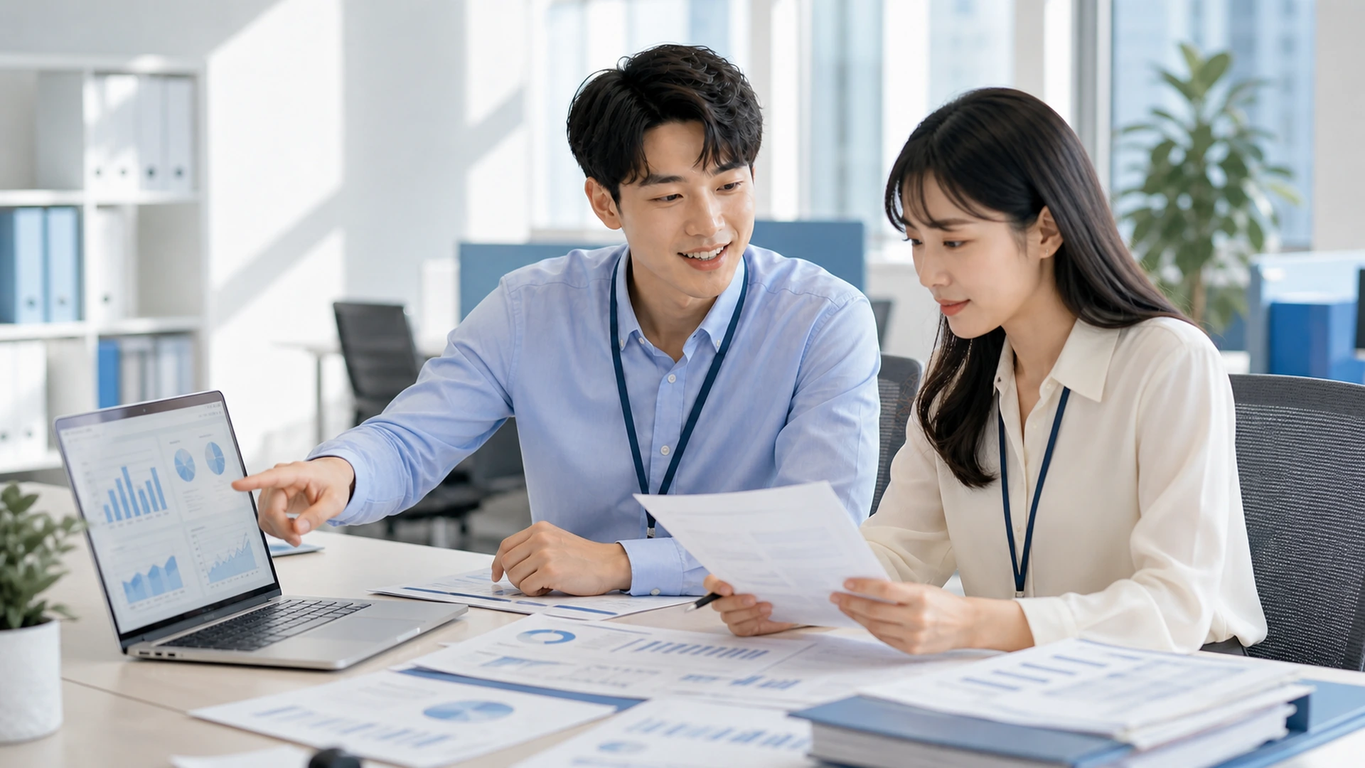 Staged scene of HR colleagues reviewing attendance and payroll records