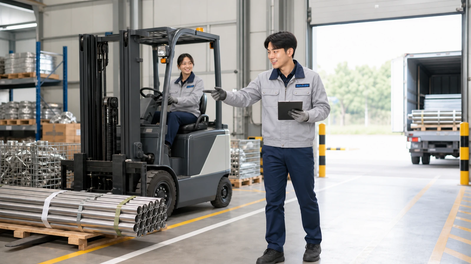 A male logistics specialist and female forklift operator coordinating a loading sequence in a bright work area