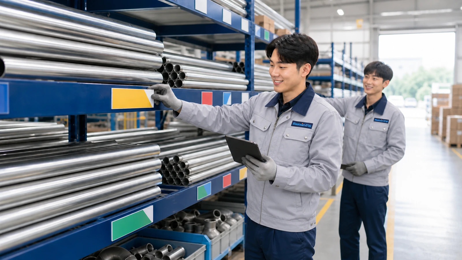 A male logistics specialist and male coworker organizing warehouse location labels in a bright materials warehouse