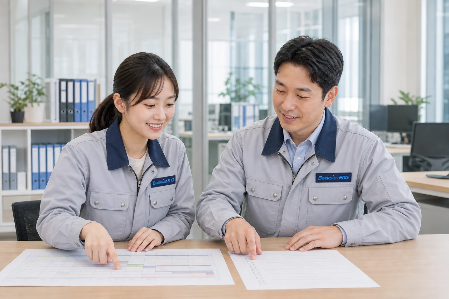 가상의 여성 품질관리 담당자와 남성 공사 담당자가 사무실에서 일반 실무복을 입고 일정·위험요소·담당자 계획을 확인하는 연출 장면