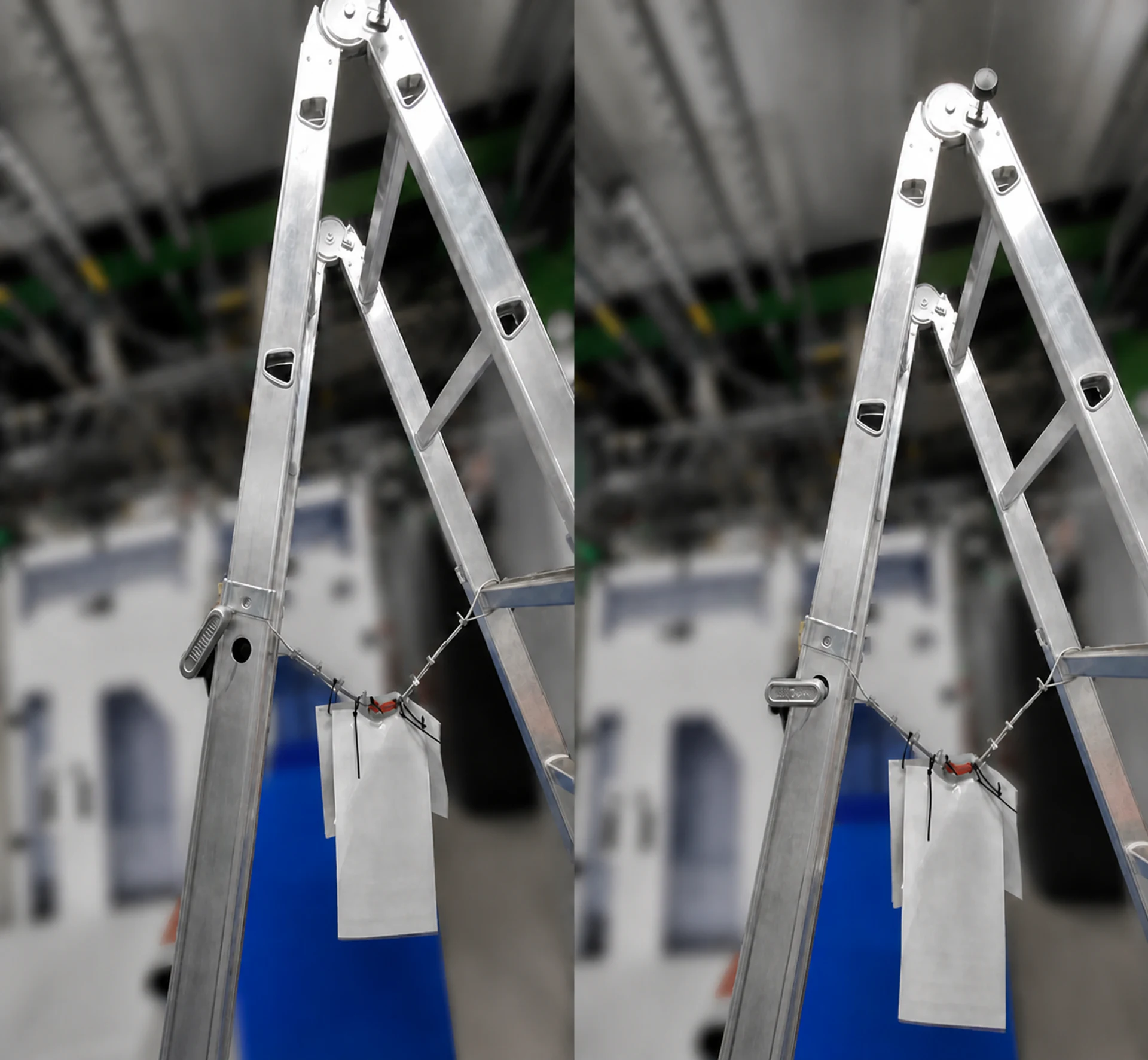 A-frame ladder hinge lock before and after it was engaged
