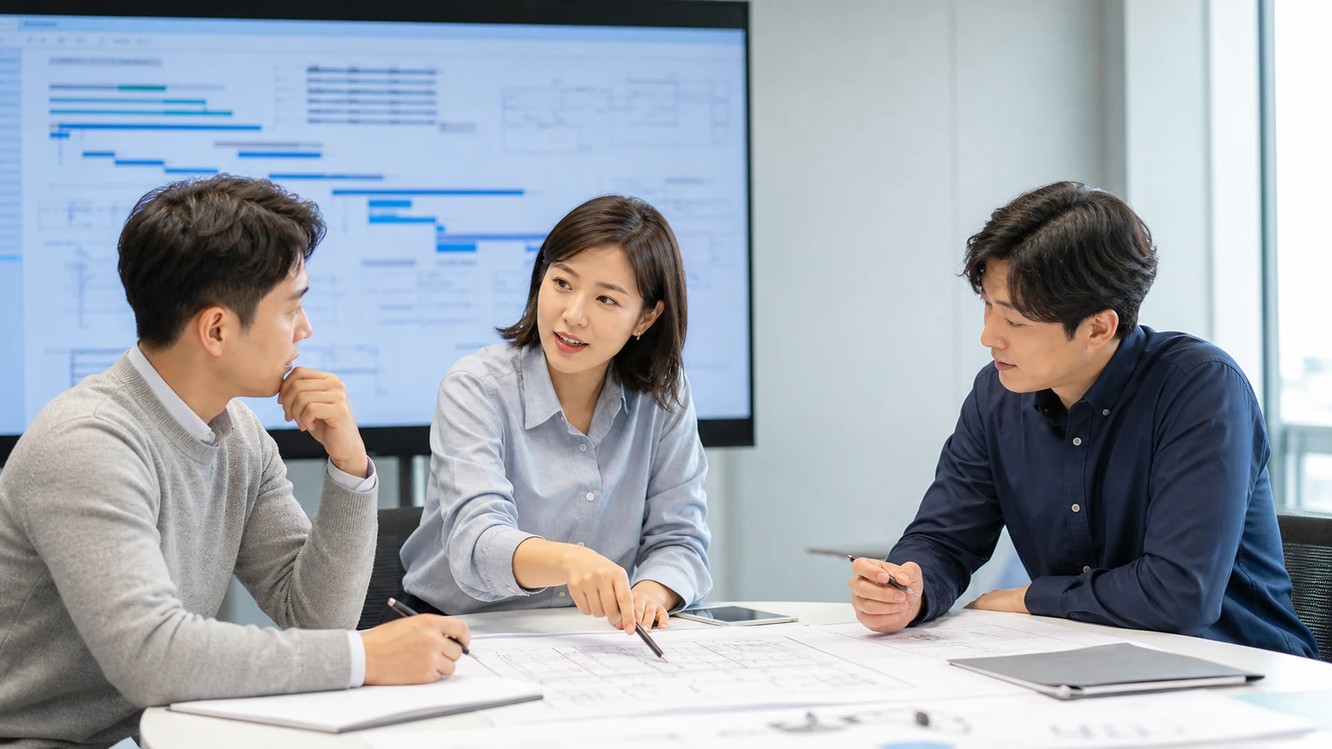 Fictional colleagues planning their next review in an office