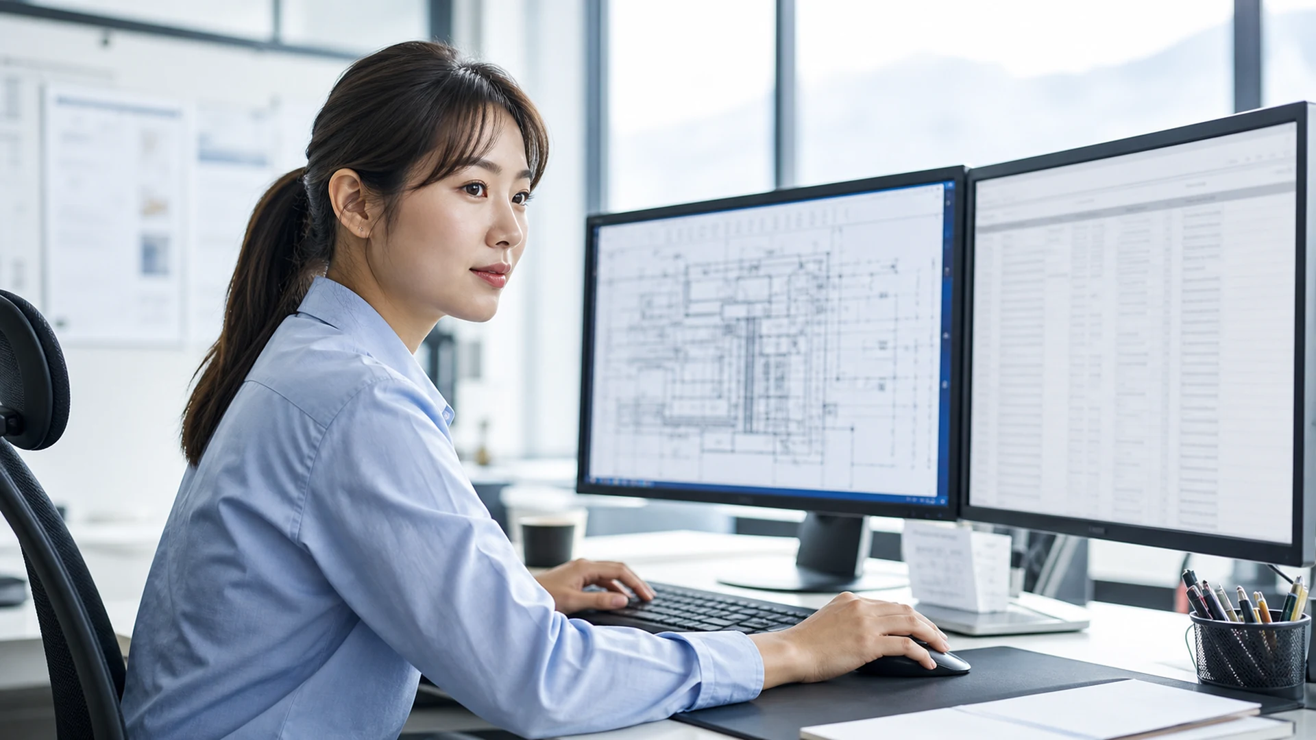 Fictional office scene comparing anonymized quantity information on two screens