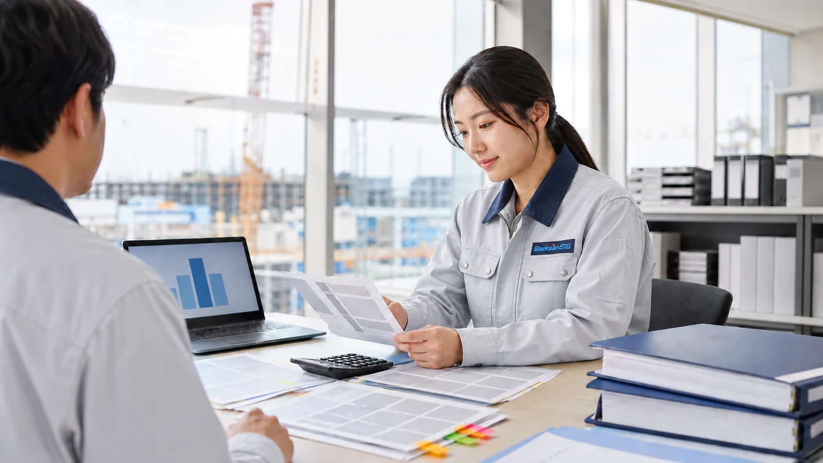 Site administrator reviewing completed-work records and final reconciliation records in an office